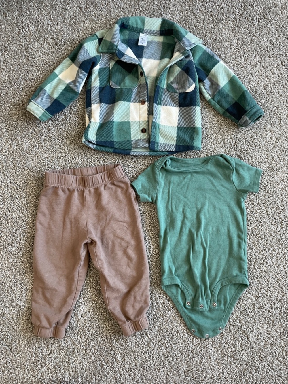3-Piece Baby Outfit Set - Green Plaid Jacket, Green Bodysuit, Brown Pants